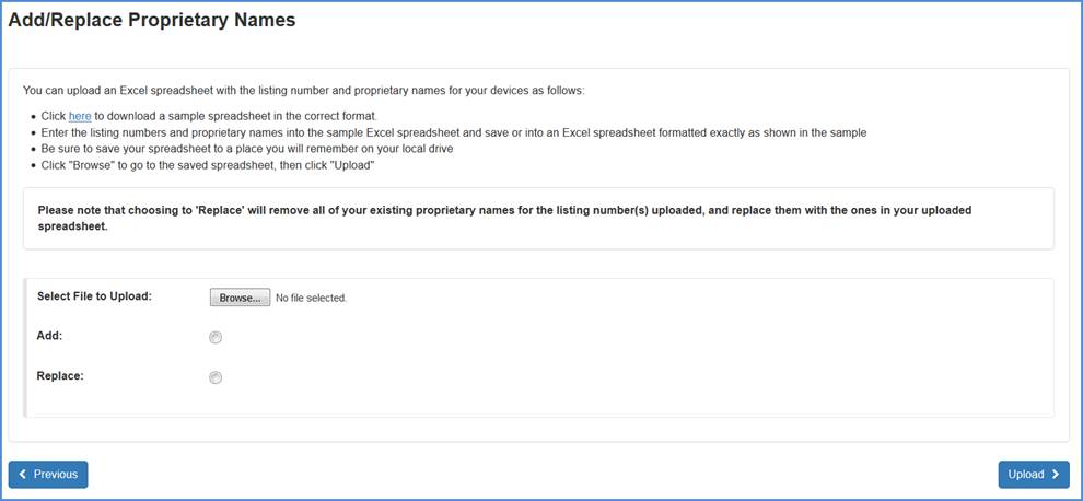 This displays the Add/Replace Proprietary Names Upload File Screen
