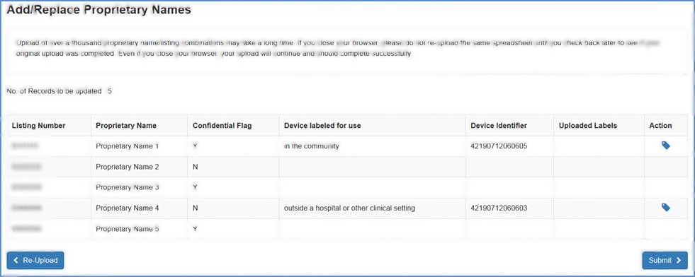 This displays the records list of the Add/Replace Proprietary Names Screen