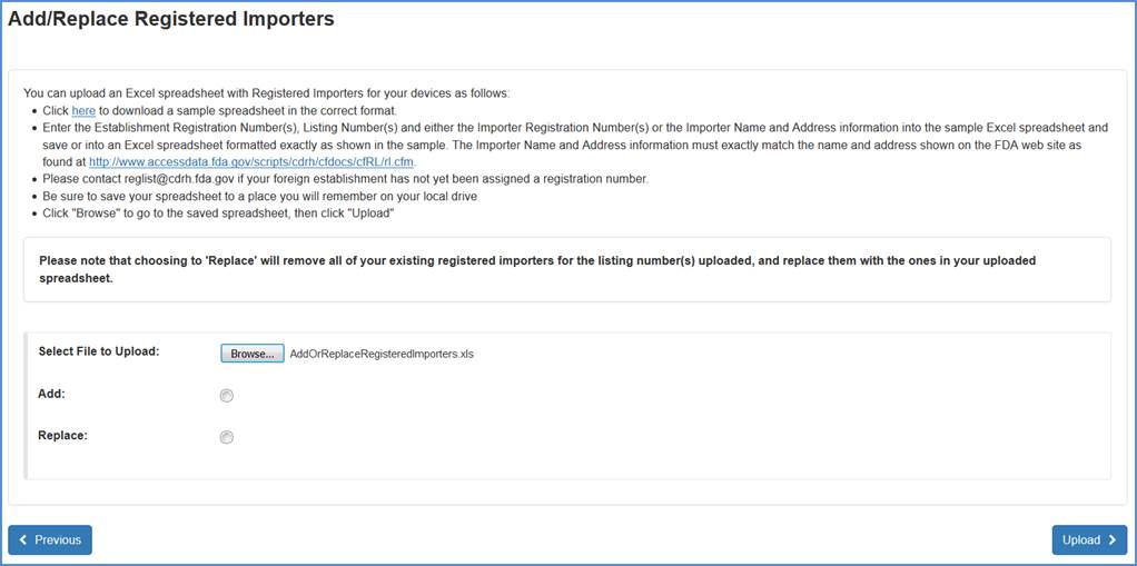 This displays the Add/Replace Proprietary Names Upload File Screen