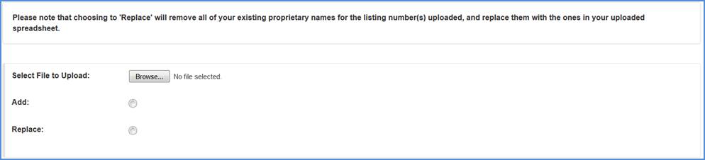 This displays the Add/Replace Clarification of Proprietary Names Screen