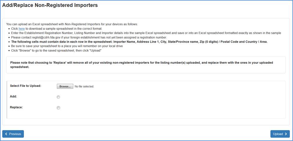 This displays the Add/Replace Non-Registered Upload File Screen