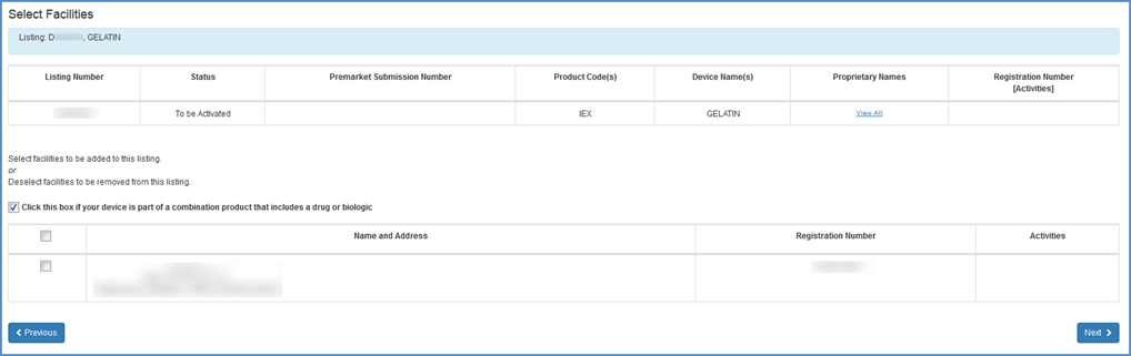 This displays the Select Facilities Screen