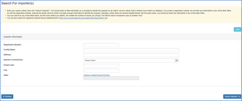 This displays the Initial Importer Search Options Screen