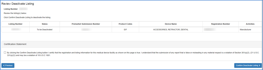 This displays the Listing Review and Certification screen