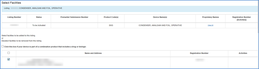 This displays the Select Facilities Screen