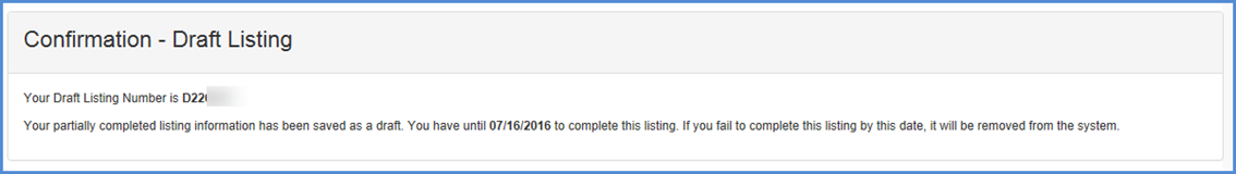 This displays the confirmation for the Draft Listing