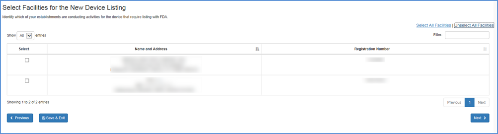 This displays the Facility Selection Screen