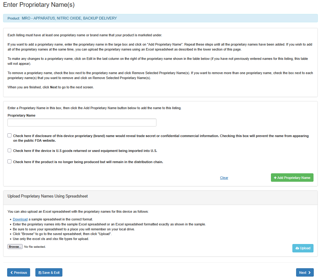 This displays the Enter Proprietary Name(s)