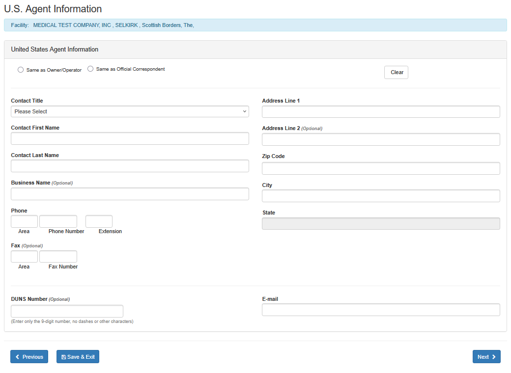 This displays the U.S. Agent Input Screen
