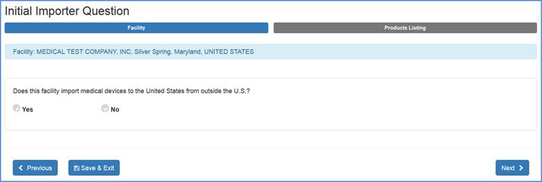 This displays the U.S. Importer Question Screen