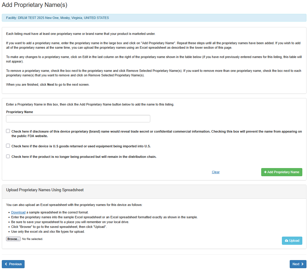 This displays the Enter Proprietary Name(s) screen